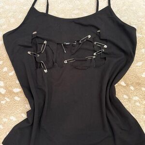 Time and Tru Black Camisole with Safety Pin Accents